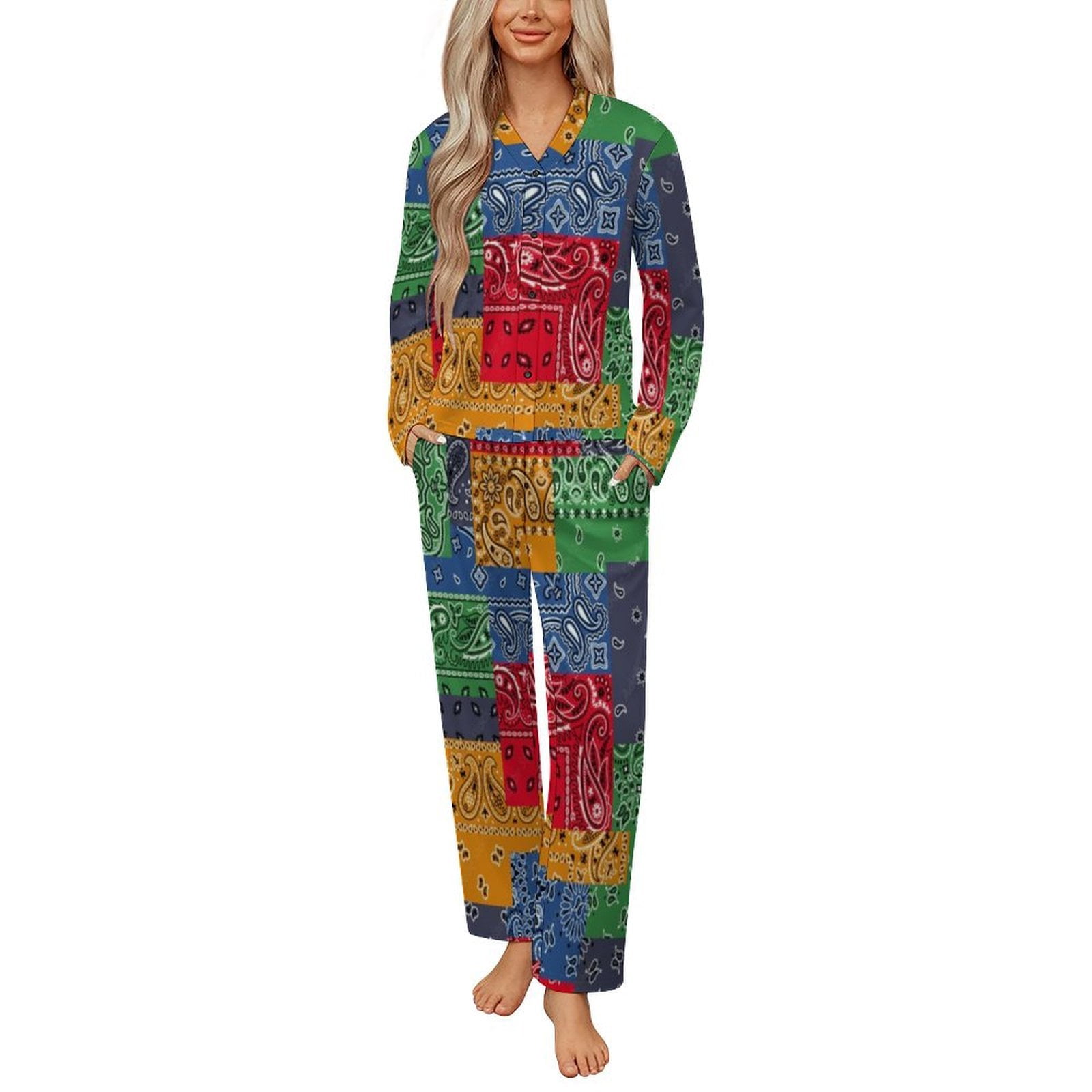 Pyjamas Colorful Colorful Paisley Bandana Womens Pyjamas Set Button Up Pyjamas Womens ...