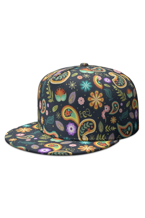 Colorful Paisley Baseball Cap - Adjustable Flat Brim Snapback Hat with Boho Floral Pattern for Men & Women
