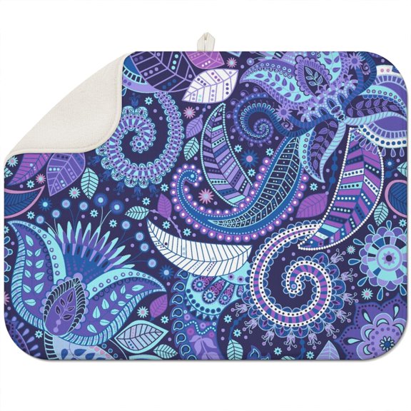 Colorful Paisley Coffee Mat with Bohemian Floral and Mandala Inspired Design – Absorbent Microfiber Spill Mat, Multi-Functional Dish Drying Pad for Kitchen and Bar