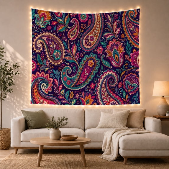 Colorful Paisley and Floral Motifs on Deep Navy Background, Mystical Boho for Women, Decorative Art Wall Accent, Housewarming Gift, Tapestry Wall Hanging for Bedroom and Living Room