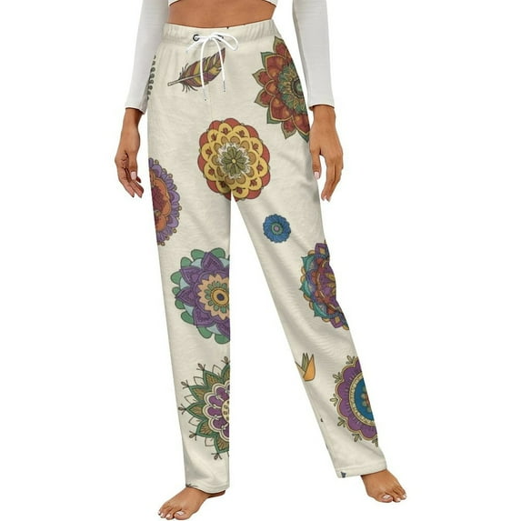 Colorful Paisley Floral Pattern Winter Female Pants Flannel High Waist Women Pants Lady Warm Straight Leg Plush Trousers