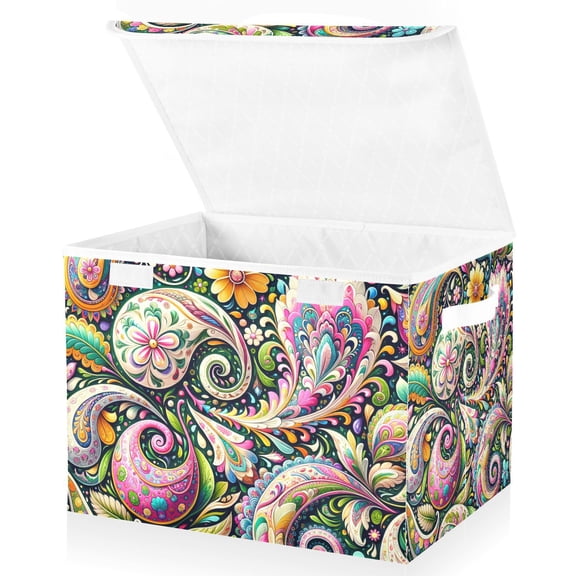 Colorful Paisley Flowers Leaves Storage Basket for Shelves Foldable Container Organizer for Organizing Toys Clothes Books with Handles
