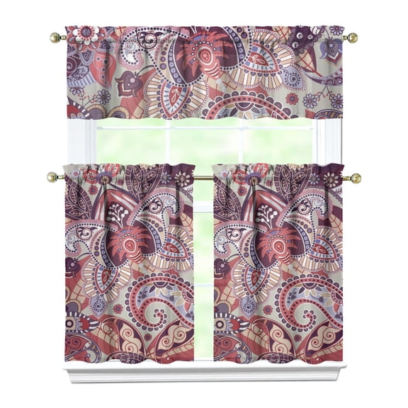 Colorful Paisley Kitchen Curtains Set - 3 Piece Bohemian Tier & Valance, Vibrant Indian Design, Semi-Sheer Rod Pocket Window Panels
