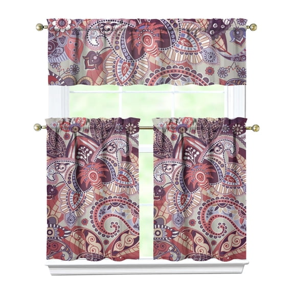 Colorful Paisley Kitchen Curtains Set - 3 Piece Bohemian Tier & Valance, Vibrant Indian Design, Semi-Sheer Rod Pocket Window Panels