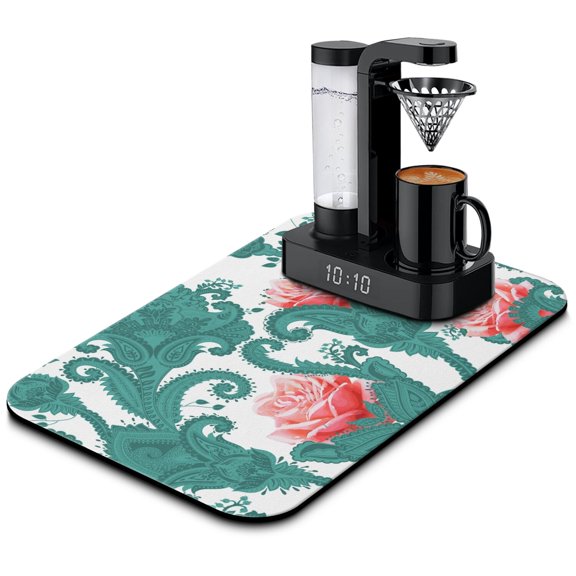 Colorful Paisley Pattern Dish Drying Mat, Vintage Retro Absorbent Coffee Bar Mat, Exotic Artistic Kitchen Counter Protector