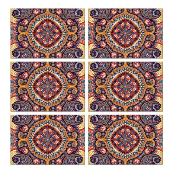 Colorful Paisley Placemats Set of 6, Flax Linen Heat Resistant Wrinkle Free with Vintage Boho Floral and Mandala Artistic Pattern for Stylish Dining