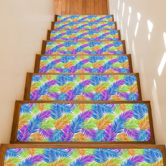 Colorful Palm Leaf Stair Treads Non Slip for Steps Summer Rainbow Fronds Boho Purple Blue Yellow Leaf 7 Pcs Reusable Adhesive Stair Runner Mats for Dogs Elders Treads Rugs for Staircase 8x30 In