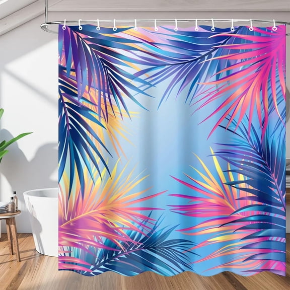Colorful Palm Leaves Shower Curtain Sets, Tropical Leaf Plant Washable Polyester Bath Curtain for Bathroom Decor with Hooks 36"W x 72"H