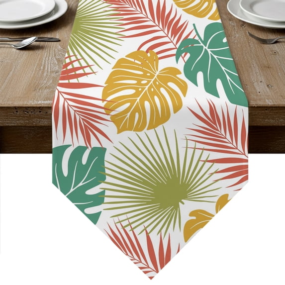 Colorful Palm Leaves Table Runner Linen Burlap Table Runner 120 Inches Long Tropical Botanical Summer Dresser Scarves for Kitchen Island Coffee Dining Room Party Wedding Holiday Decor 13"x120"