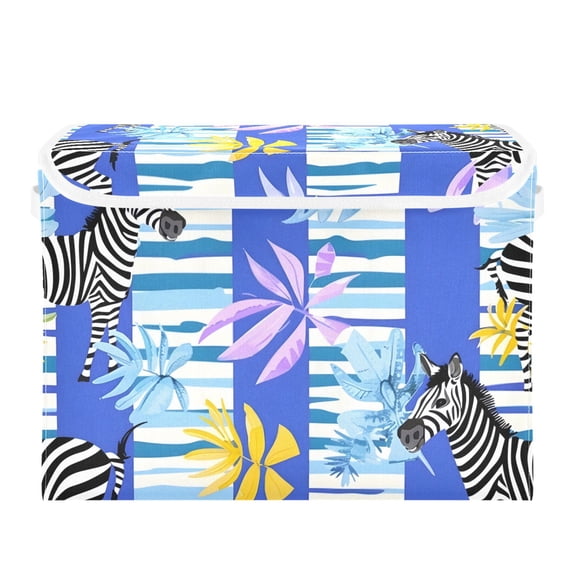 Colorful Palm Leaves Zebras Foldable Storage Bin with Lid and Handle Collapsible Storage Box 16.5 x 12.6 x 11.8 inches