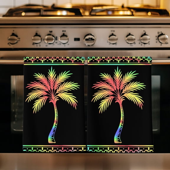 Colorful Palm Tree Kitchen Towels Set of 4, Summer Tropical Plants Leaves Abstract Black Absorbent Dish Towels for Kitchen, Microfiber Hand Towel, Quick Drying Tea Towel for Cleaning Dishcloths