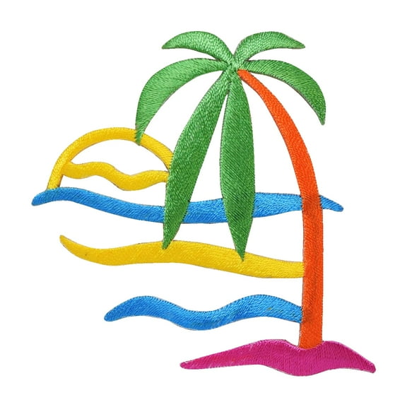 Colorful Palm Tree, Waves and Sunset, Beach, Embroidered Iron on Patch