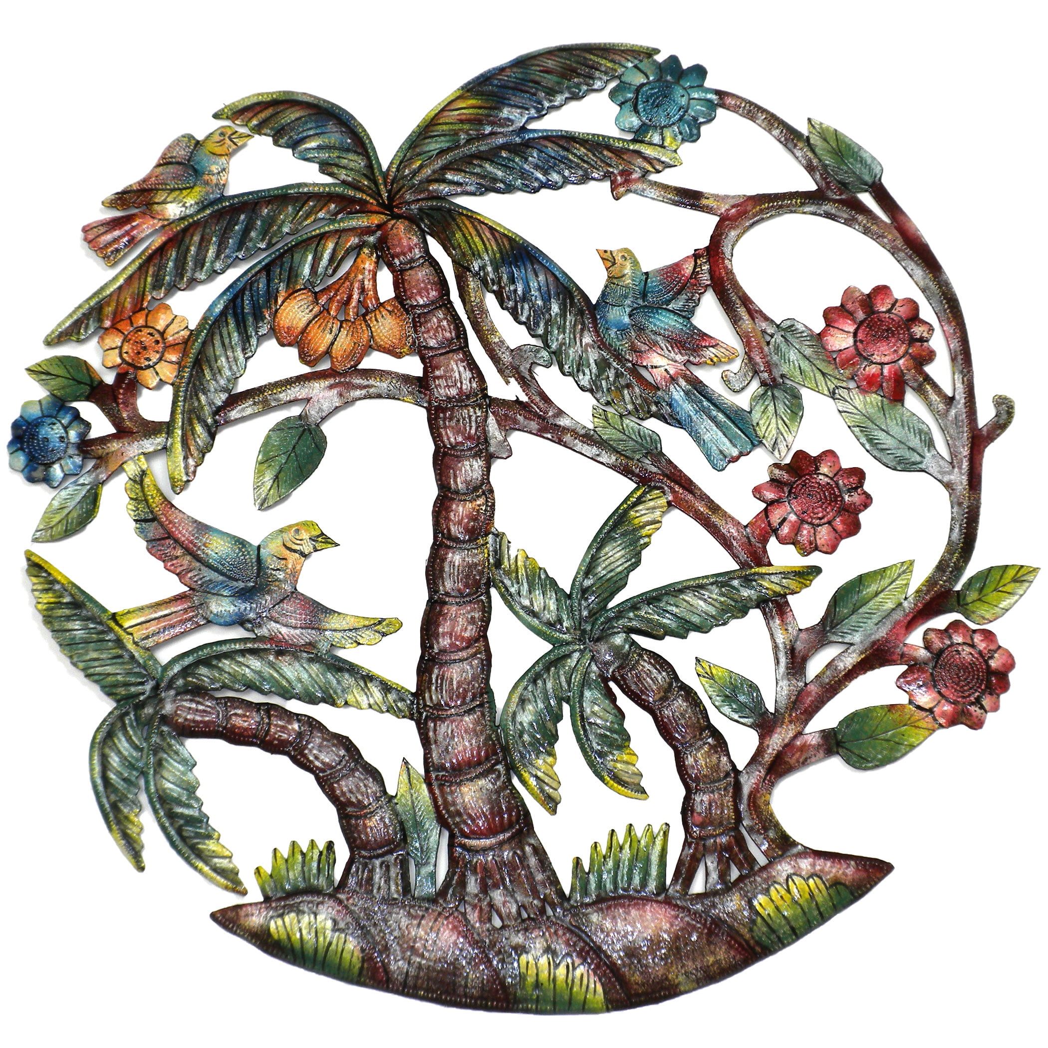 Hand Painted Multicolor Metal Palm Trees and Birds Wall Art
