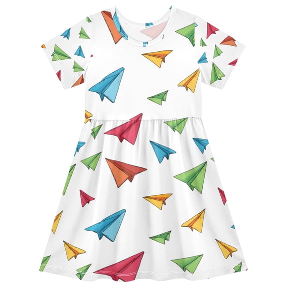 Colorful Paper Airplanes Pattern Girls Short Sleeve Dress A Line Sun Protection Breathable Comfort Sundress 7-8T
