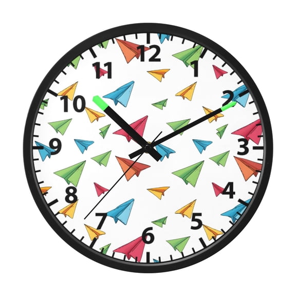 Colorful Paper Airplanes Pattern Wall Clock 12 Inch Voice Activated Night Light Silent Non Ticking