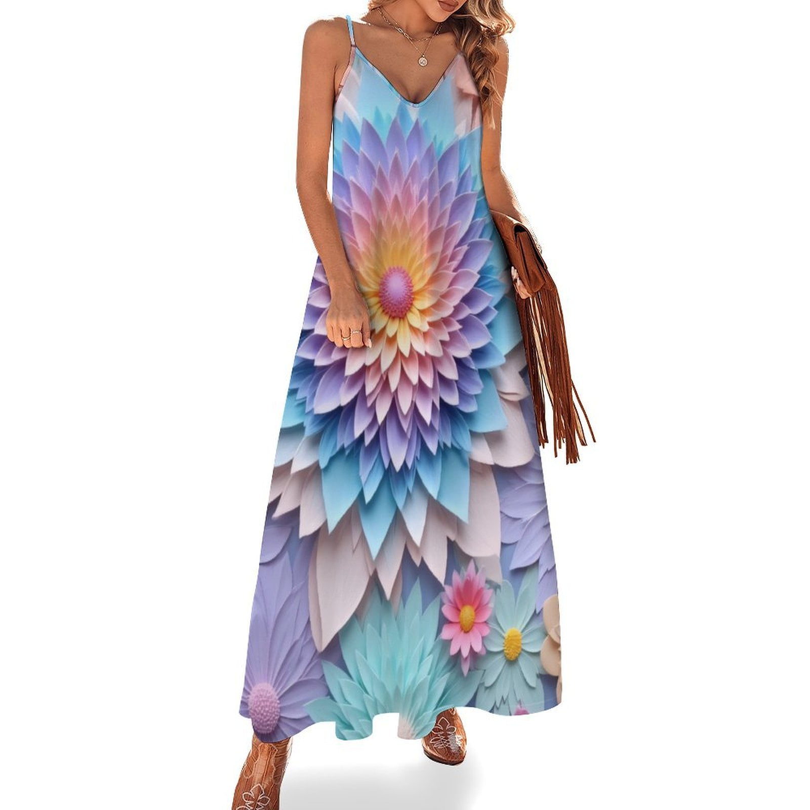 Colorful Paper Flower Pattern Sleeveless Dress for Women Clothing