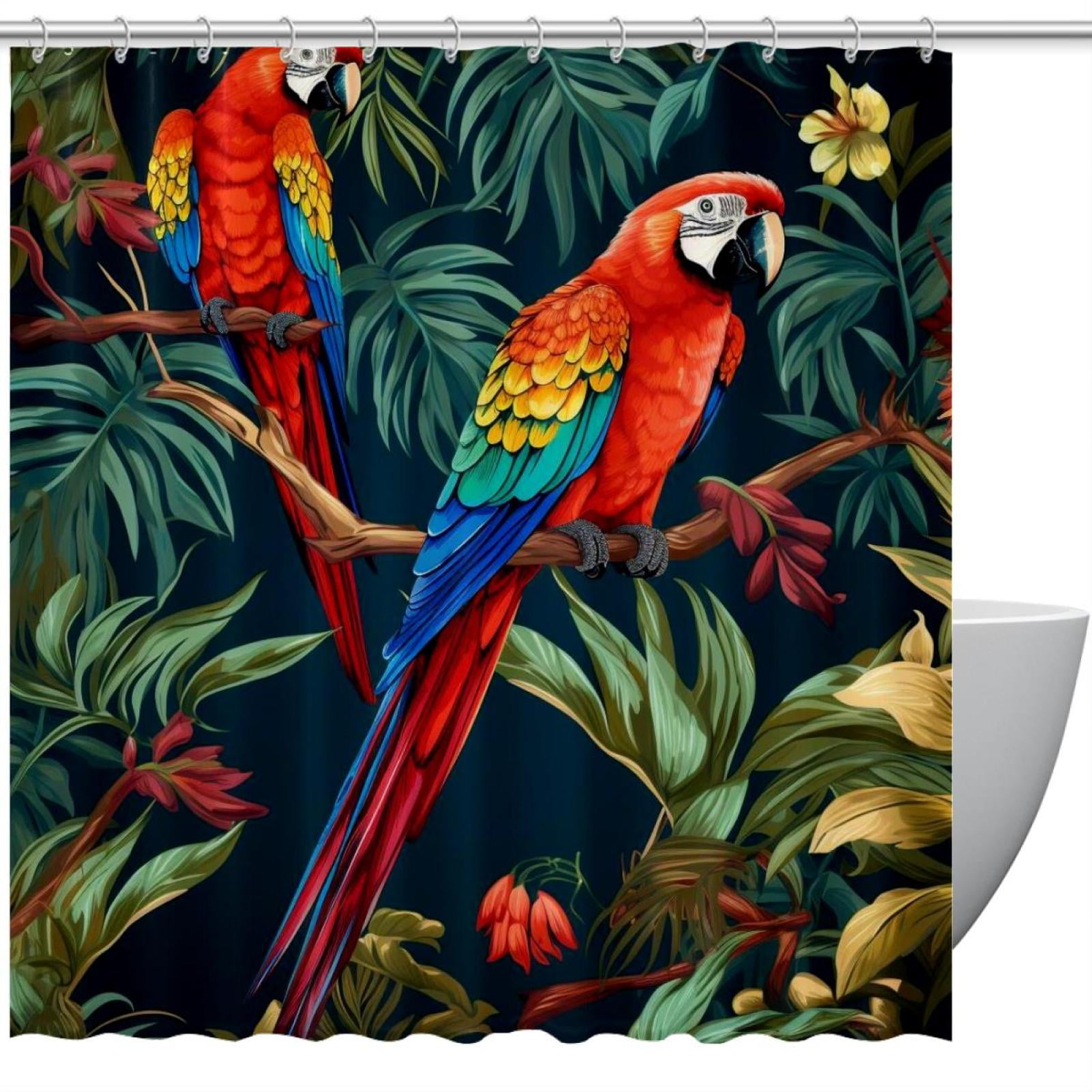 Colorful Parrot Art Flower Shower Curtain for Bathroom, Waterproof and