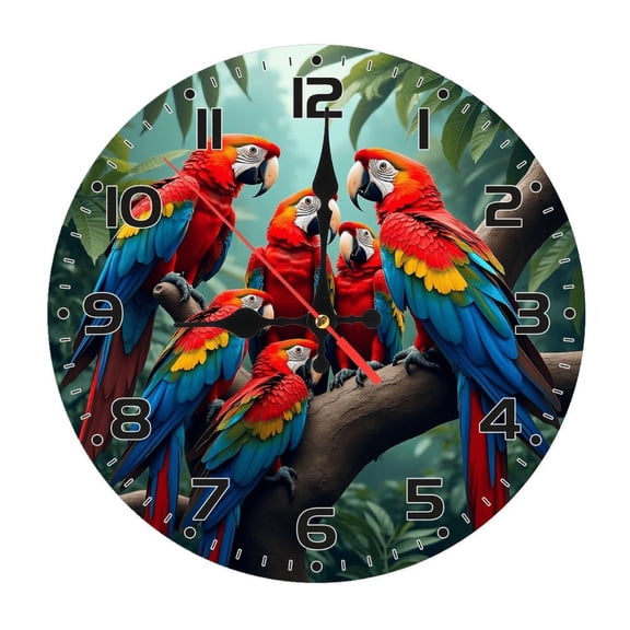 Colorful Parrot Bird Wall Clock 10 Inch Silent Non Ticking Round Wooden Clock Decoration for Living Room Kitchen Bedroom Bathroom Office Classroom