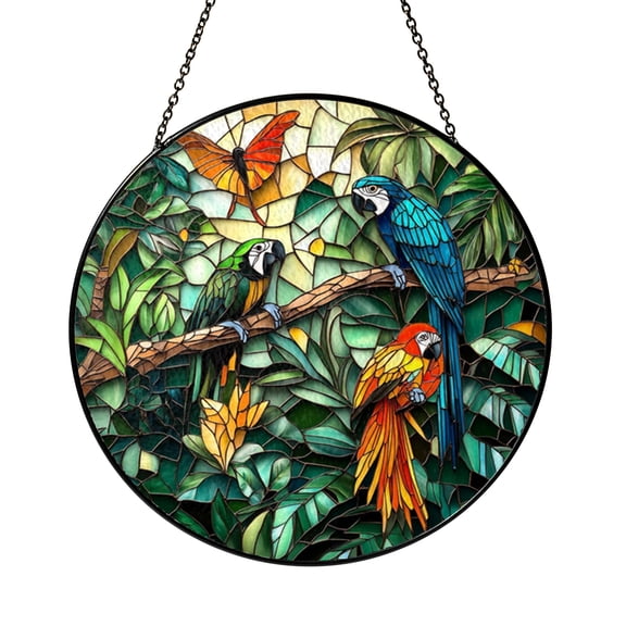 Colorful Parrot Birds Stained Glass Suncatcher Window Hanging, Tropical Jungle Bird Art Glass Panel with Butterfly and Leaves, Exotic Nature Design Decorative Window Ornament for Home Decor Gift