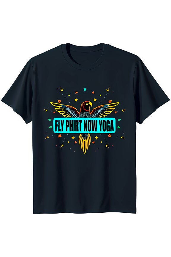 Colorful Parrot Design T-Shirt 'Fly Phirt Now Yoga' with Dark Blue Tee