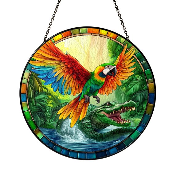 Colorful Parrot Riding Crocodile Stained Glass Panel, Jungle Wildlife Window Decor, Tropical Nature Accent, Unique Gift for Bird Fans