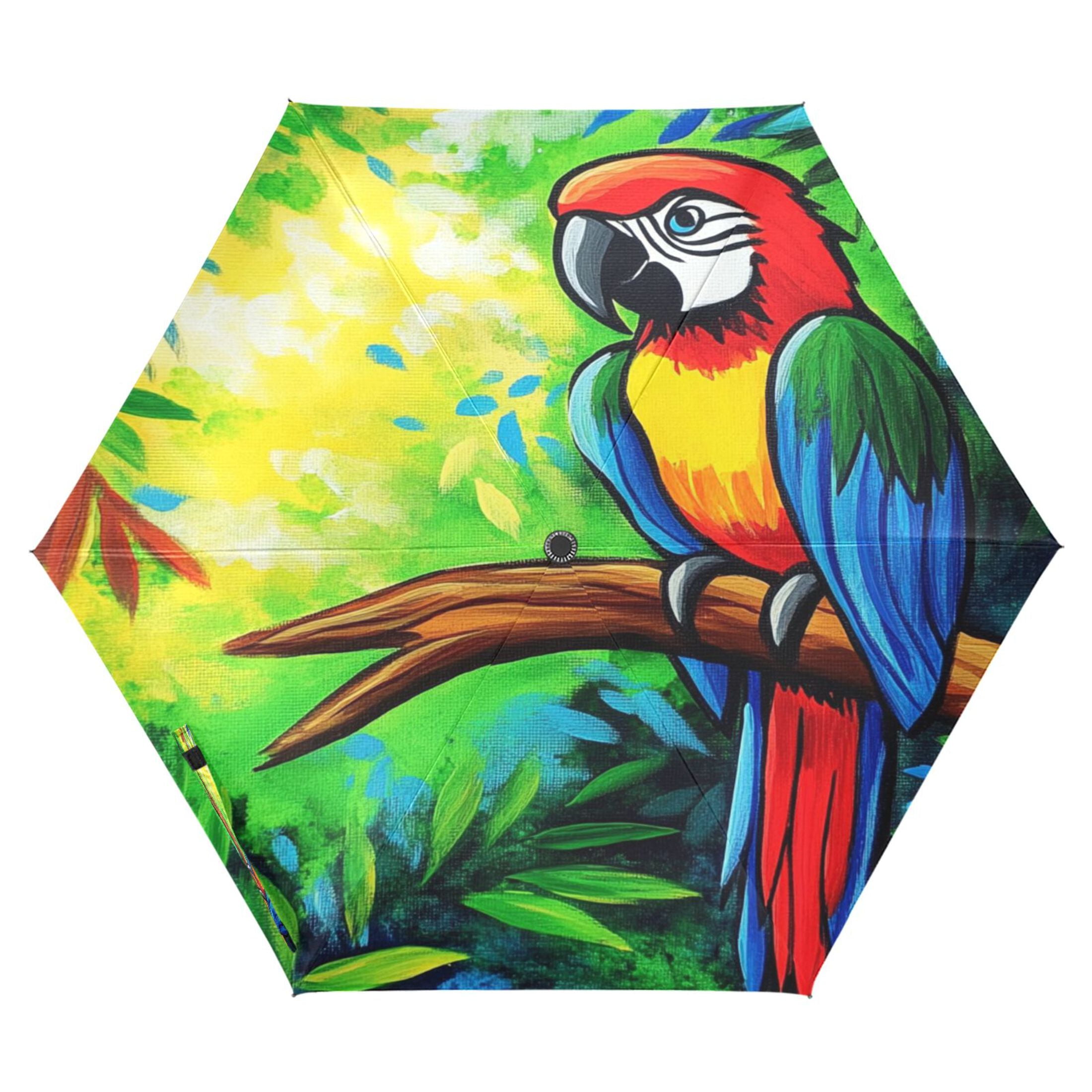Colorful Parrot in Nature Folding Umbrella UV50+ Waterproof Sun Protection Auto Open Close Compact Fiberglass Frame