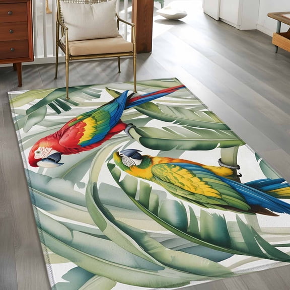 Colorful Parrots 3x5 Rug for Bedroom Foot of Bed Small Living Room, A Pair of Colorful Parrots Rest on Large Tropical Leaf Washable Non Slip Rectangle Area Rug