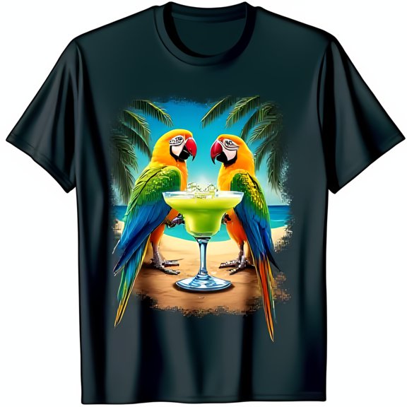 Colorful Parrots Beach Scene Black T-Shirt with Margarita Design Tropical Vibes