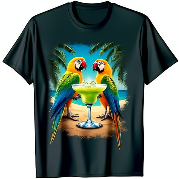 Colorful Parrots Beach Scene Black T-Shirt with Margarita Design Tropical Vibes