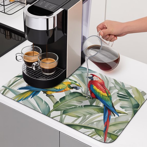 Colorful Parrots Dish Drying Mats for Kitchen Counter, A Pair of Colorful Parrots Rest on Large Tropical Leaf Absorbent Coffee Bar Mat with Non-slip Rubber Backed Quick Drying Dish Rack Pad 16"x18"