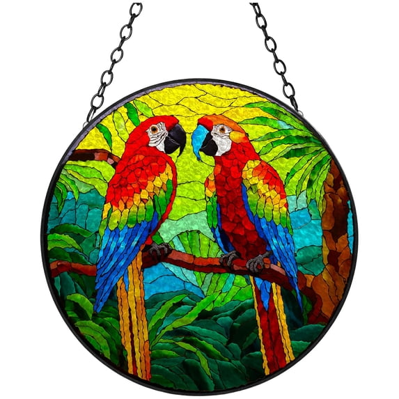 Colorful Parrots Macaw Couple Stained Glass Suncatcher Window Hangings Colored Handmade Glass Suncatcher Crafts Kits for Indoor Garden Christmas Decoration 16x16cm(2)