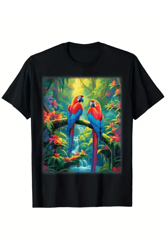 Colorful Parrots Rain Forest Jungle Macaw Parrot Men Women T-Shirt, 100% Cotton