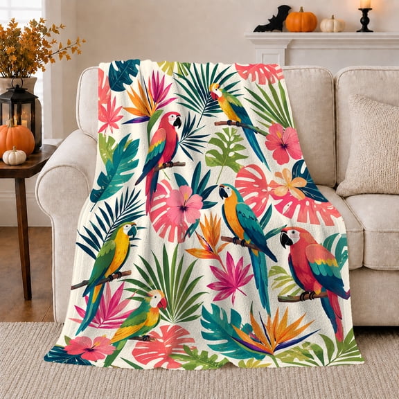 Colorful Parrots among Tropical Leaves, Cheerful Coastal Style for Bird Lovers, Hibiscus Jungle Pattern and Housewarming Gift, Cozy Flannel Blanket for Sunroom and Bedroom, Home Decor