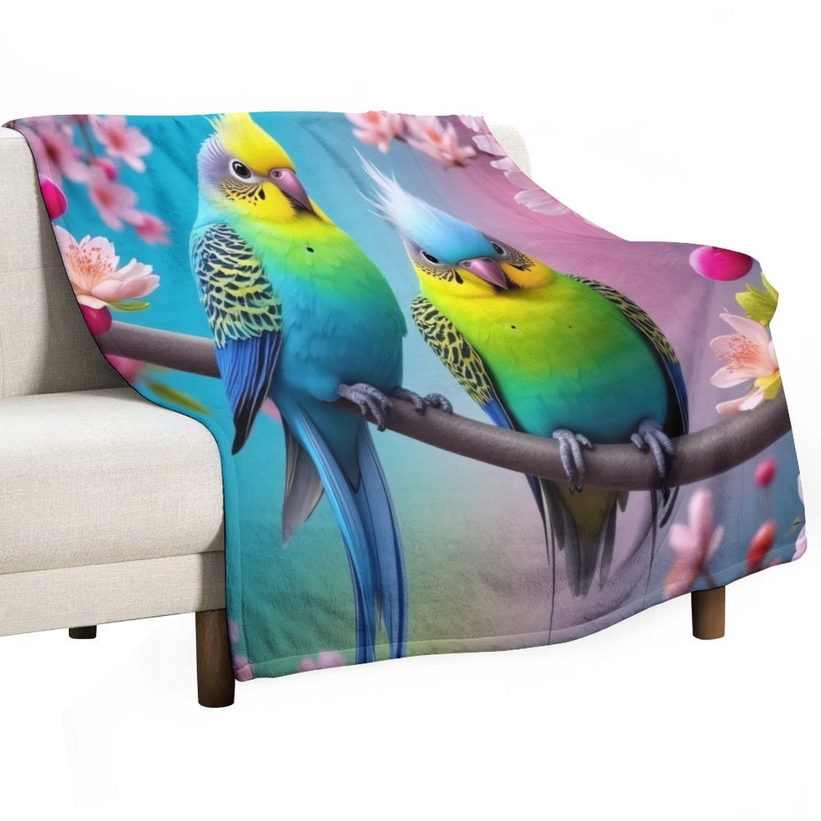 Colorful Parrots in Spring Blossoms Blankets Bedroom Living Room Sofa