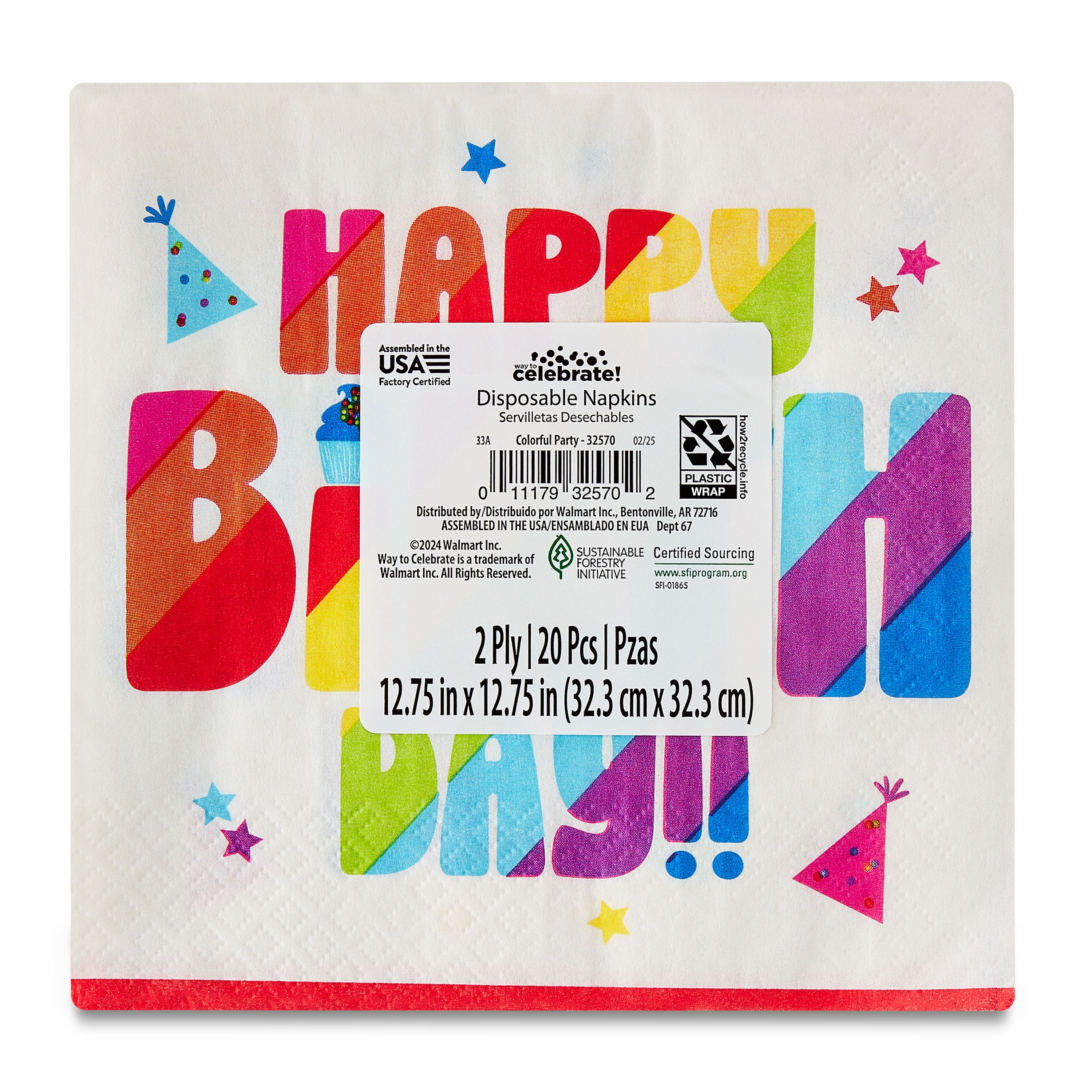 6.5" x 6.5" Disposable Multicolor Happy Birthday Paper Napkins, 20 Count, by Way To Celebrate