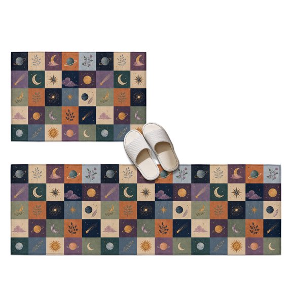 Colorful Patchwork 2 Pieces Non-Slip Kitchen Mat Set, Mystical Moon Star Cloud Sunshine Leaf Plaid Soft Door Mat with Rubber Backing, Dirtproof Rugs for Entrance Doorway, 23.6x35.4in+23.6x70.9in