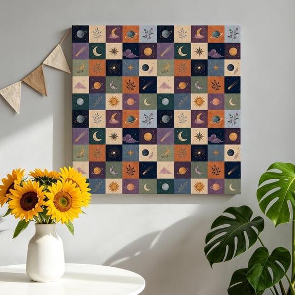 Colorful Patchwork Canvas Wall Art, Mystical Moon Star Cloud Sunshine Leaf Plaid Framed Canvas Wall Decor Picture Print Artwork Decorations for Living Room Office Ready to Hang 8" x 8"