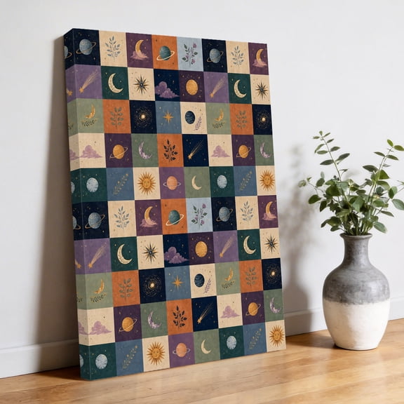 Colorful Patchwork Canvas Wall Art, Mystical Moon Star Cloud Sunshine Leaf Plaid Pictures Wall Decor Wooden Framed Artwork Art Prints for Living Room Hallway Bedroom Office 12"x18"