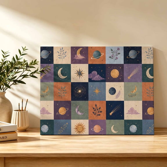 Colorful Patchwork Canvas Wall Art, Mystical Moon Star Cloud Sunshine Leaf Plaid Wall Art Prints Artwork Framed Canvas Ready to Hang Art Pictures for Bathroom Bedroom Entry Desk Corner 10" x 8"