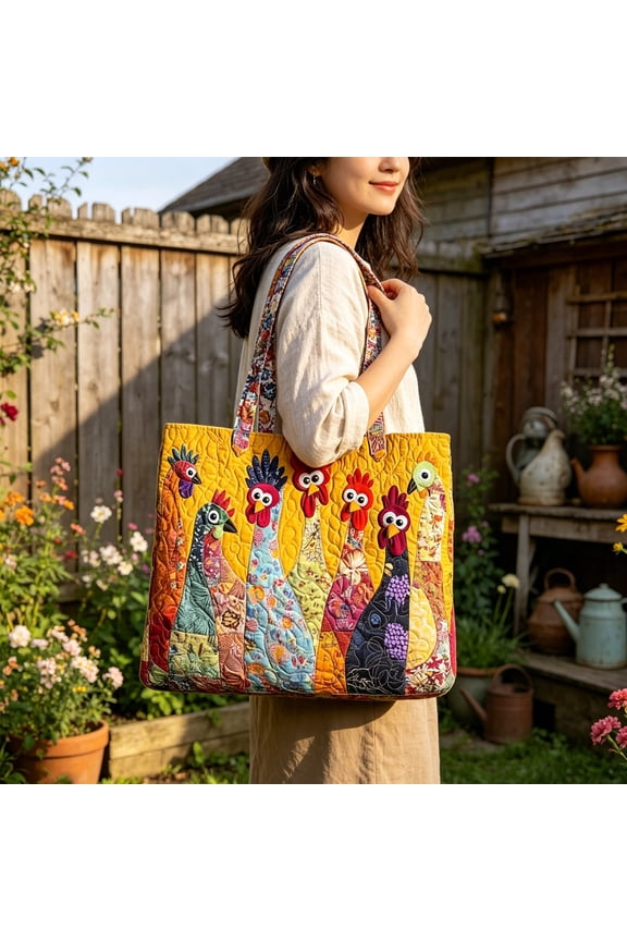 Colorful Patchwork Chicken Tote Bag Boho Reusable Shoulder Bag Large Capacity Shopping Beach Handbag