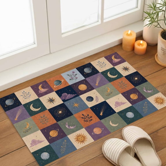 Colorful Patchwork Door Mat Mystical Moon Star Cloud Sunshine Leaf Plaid Non Slip Absorbent Entrance Mat Washable Low Profile Indoor Doormat for Front Door Entryway Entry 16"x24"
