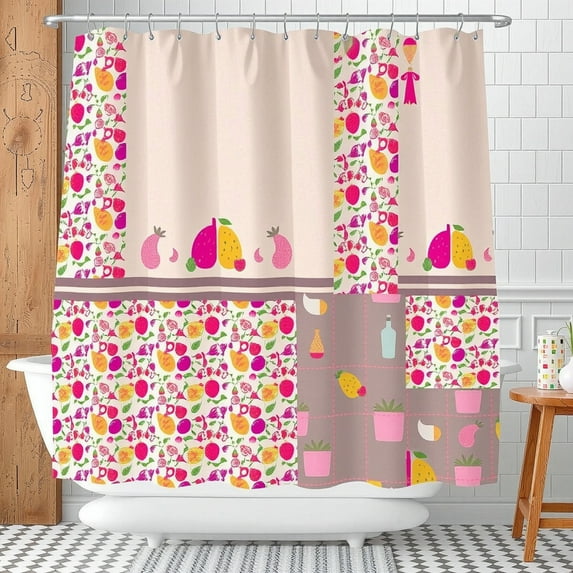 Colorful Patchwork Fruit & Flower Shower Curtain - Pink, Yellow, Orange, Red - Stylish Bathroom Decor