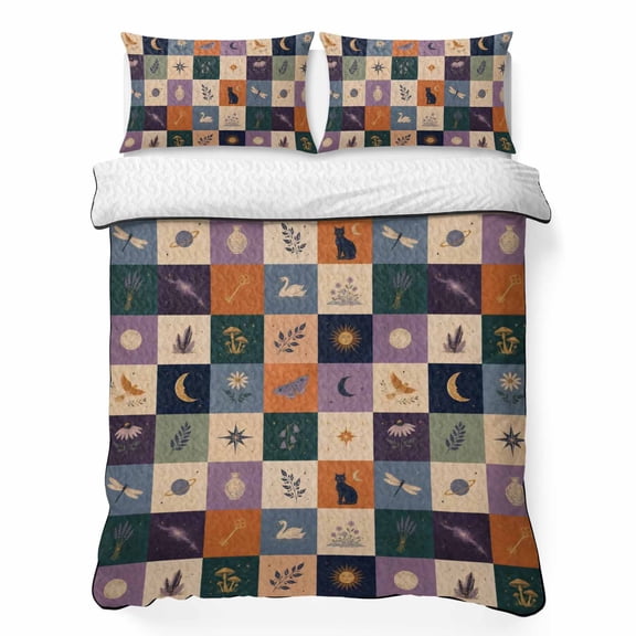 Colorful Patchwork King Quilt Bedding Set, Mystical Cat Butterfly Bird Sunflower Moon Plaid Lightweight Comforter with 2 Pillow Shams Bedroom Bedspread Set Home Decor for All Seasons