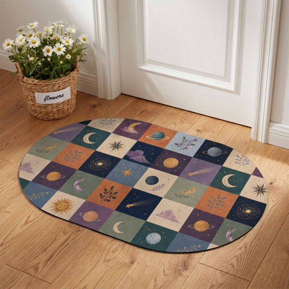 Colorful Patchwork Oval Diatomaceous Earth Doormat, 16"x24" Mystical Moon Star Cloud Sunshine Leaf Plaid Absorbent Quick Dry Irregular Door Mat Floor Mat Entryway Rug for Bathroom Kitchen