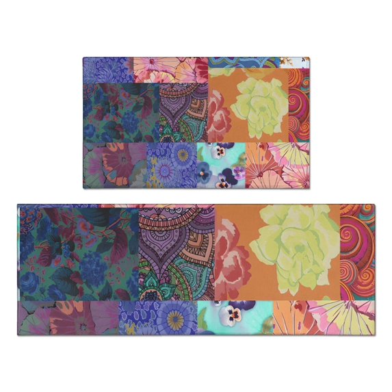 Colorful Patchwork Pioneer Flower Pattern Kitchen Rugs Sets Of 2,Anti Fatigue Kitchen Mat Rugs Non Slip Washable,Decorative Kitchen Floor Mats for Kitchen,Sink,Laundry,17"x30"+17"x47"
