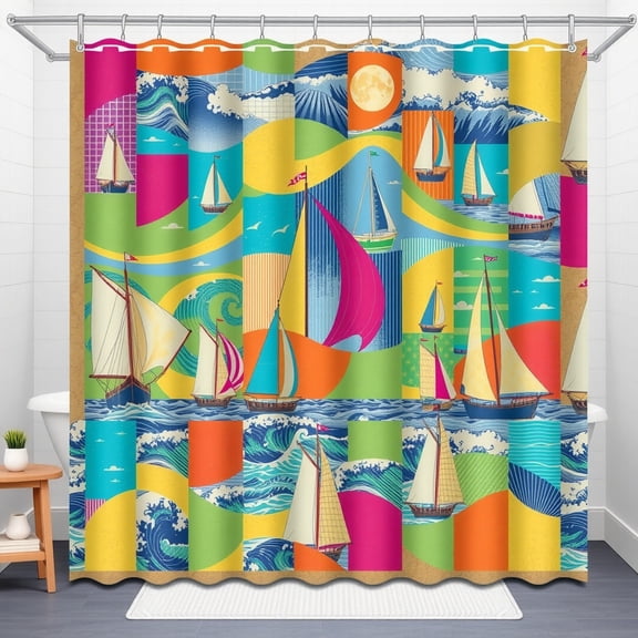 Colorful Patchwork Sailboat Shower Curtain - Bright Ocean Waves Design