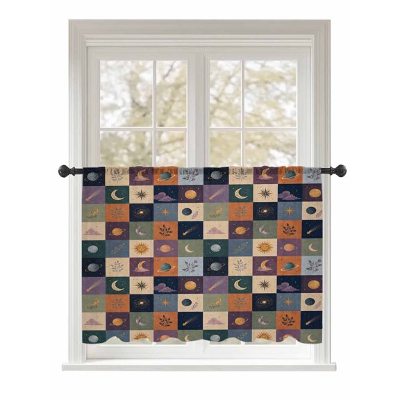 Colorful Patchwork Sheer Curtains 45 Inch Long 1 Panel Mystical Moon Star Cloud Sunshine Leaf Plaid Rod Pocket Voile Cafe Curtains Light Filtering Window Treatments for Kitchen Basement 52" x 45"