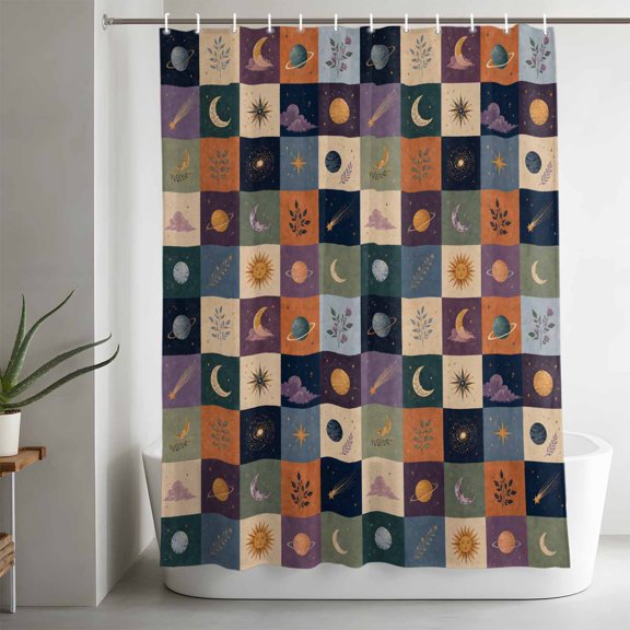 Colorful Patchwork Shower Curtain, Mystical Moon Star Cloud Sunshine Leaf Plaid Waterproof Washable Bath Fabric Shower Curtains Set with 12 Hooks for Bathroom Bathtub Decoration 36x72in