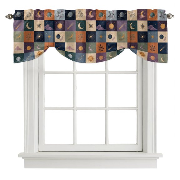 Colorful Patchwork Tie Up Valances Curtain, Mystical Moon Star Cloud Sunshine Leaf Plaid Adjustable Valance for Window Light Filtering for Kitchen and Bathroom Rod Pocket 1 Panel 42x12in