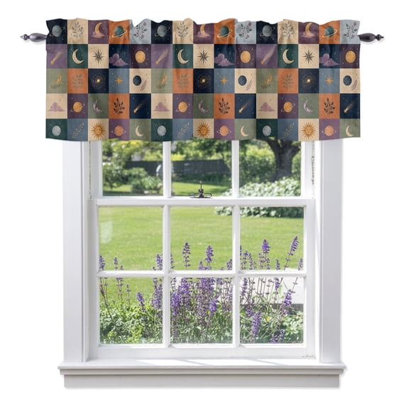 Colorful Patchwork Valances for Windows, Mystical Moon Star Cloud Sunshine Leaf Plaid Valance Window Treatment Rod Pocket Short Curtains Valances for Kitchen Bathroom 42"W x 12"L
